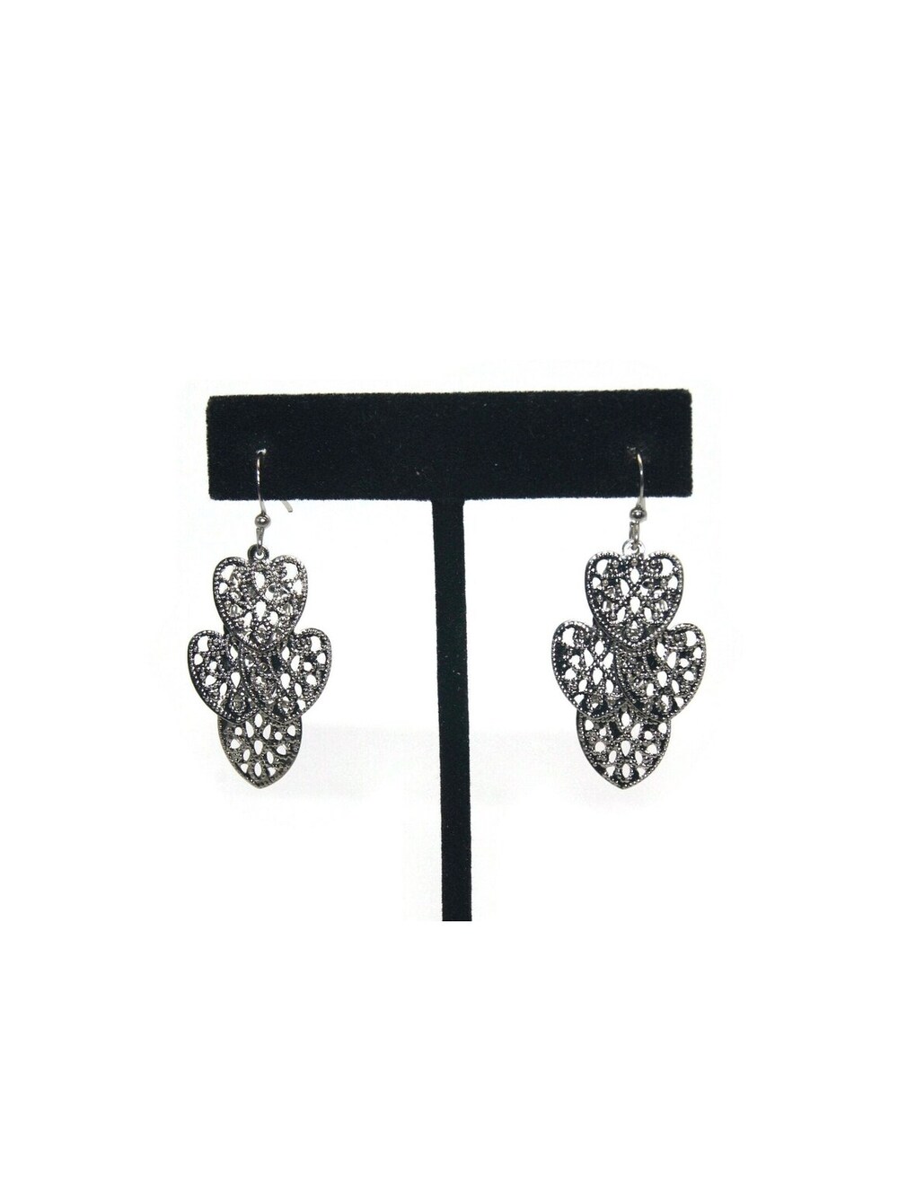 Vintage Silver Tone 4 Heart Dangle Earrings with Hook Backs for Pierced Ears.